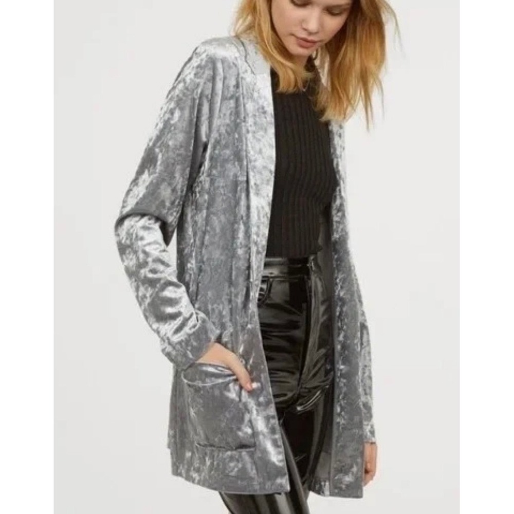 Amaryllis Womens Silver Crushed Velvet Open Front Cardigan Pockets Size M